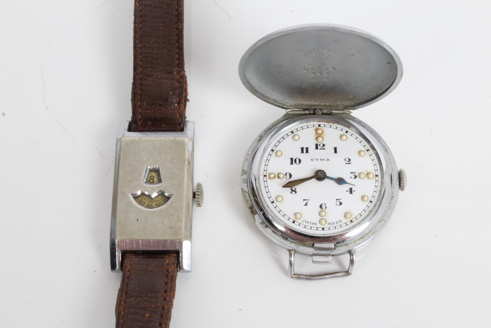 1930s Cyma braille wristwatch with chrome plated case with spring cover and braille and Arabic