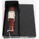 Gentlemen's Emporio Armani wristwatch in Art Deco-style rectangular case, on leather strap, in box,