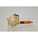 Finely carved late 19th century meerschaum pipe, the bowl in the form of a roaring lion,