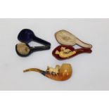 19th century novelty carved meerschaum pipe, the bowl carved as an owl with inset glass eyes,
