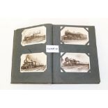 Postcards in albums - including railway, identified locomotives, real photographic, artist-drawn,