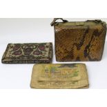 Three vintage handbags - square python skin handbag by Melody,