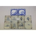 Collection of 18th century Delft blue and white tiles with various nautical and other scenes, ships,