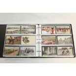 Postcards in album - military cards - including First World War silks (x 70),