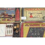 Selection of toys and games - including Meccano, darts, draughts, Minibrix, pin football,