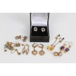 Group of gold and gem set earrings - mostly hallmarked 9ct CONDITION REPORT Total