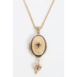 Gold (14ct) sapphire and blue enamel oval locket with sapphire pendant drop on a diamond set loop