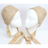 Pair of babies' christening antique bonnets - cream raw silk with cream silk embroidery and silk