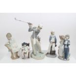 Five Lladro porcelain figures - golfer, boy with model boat, girl on tree stump,