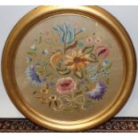 1930s circular embroidery ribbon-tied spray of flowers in gilt frame