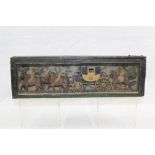 19th century diorama of a coach and horses with outriders and huntsmen and hounds behind,