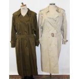 Two ladies' vintage Burberry's Macs - one beige size 12 long and one sage-green size ex-long size