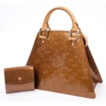 Louis Vuitton 'Forsyth' bronze patent leather bag with cowhide handles and matching purse -