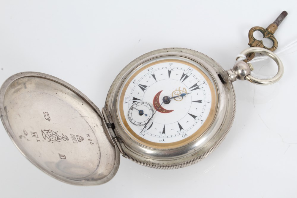 Late 19th century Turkish market key-wind hunter pocket watch in white metal case with painted dial