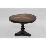 19th century inlaid mahogany miniature circular wine table with parquetry inlaid top on turned