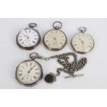 Four Victorian silver pocket watches and a plated Albert chain with fob