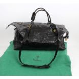 Mulberry large 'mock croc' black leather travel bag with tartan lining,