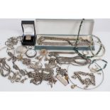 Box of silver and white metal jewellery - including a malachite panel necklace,