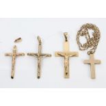 Three gold (9ct) crucifix pendants and a gold (9ct) cross pendant on gold (9ct) chain