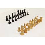 Jacques Staunton pattern boxwood and ebony chess set with Kingside stamping on one rook and one