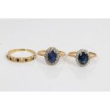 Two gold (18ct) sapphire and diamond cluster rings and a gold (18ct) sapphire and diamond half