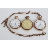 Three gold plated pocket watches and a gold plated Albert chain