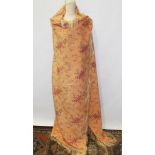 Victorian peach woven wool shawl with floral design and cream fringing,