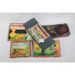 Large box of children's early toys - including tinplate football figures, wooden hoops and skittle,
