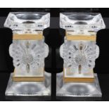 Fine pair Lalique moulded and frosted glass candlesticks of square column form,