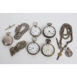 Four silver / white metal fob watches, three watch chains,