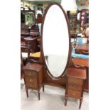 Most Unusual Edw Mahogany Cheval Mirror with Matching Side 3 Drawer Cabinets