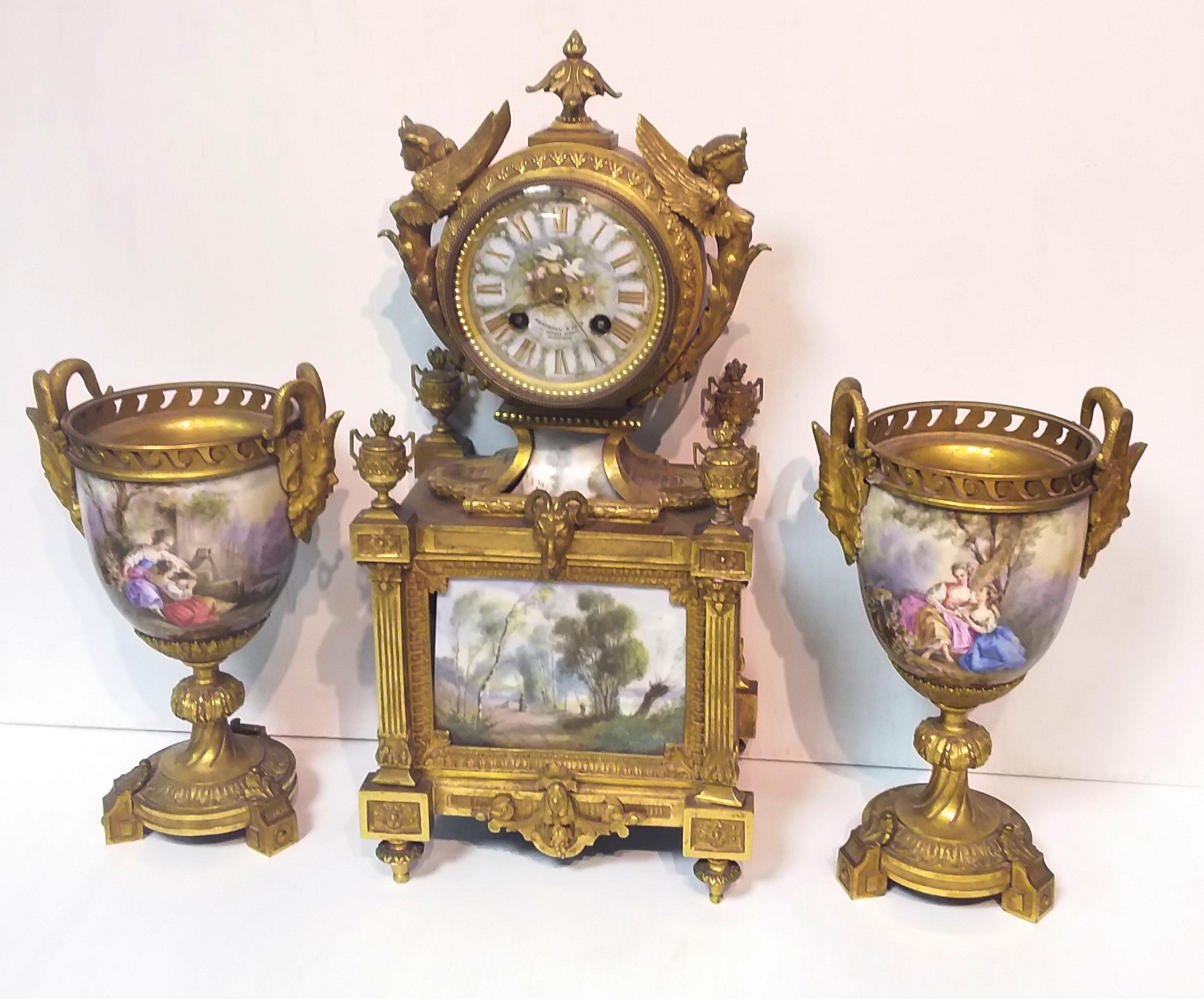 Vict French Ormolu 3 Pce Clock Set with Ormolu Mount & Hand Painted Sevres Panels by Marshall &