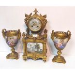 Vict French Ormolu 3 Pce Clock Set with Ormolu Mount & Hand Painted Sevres Panels by Marshall &