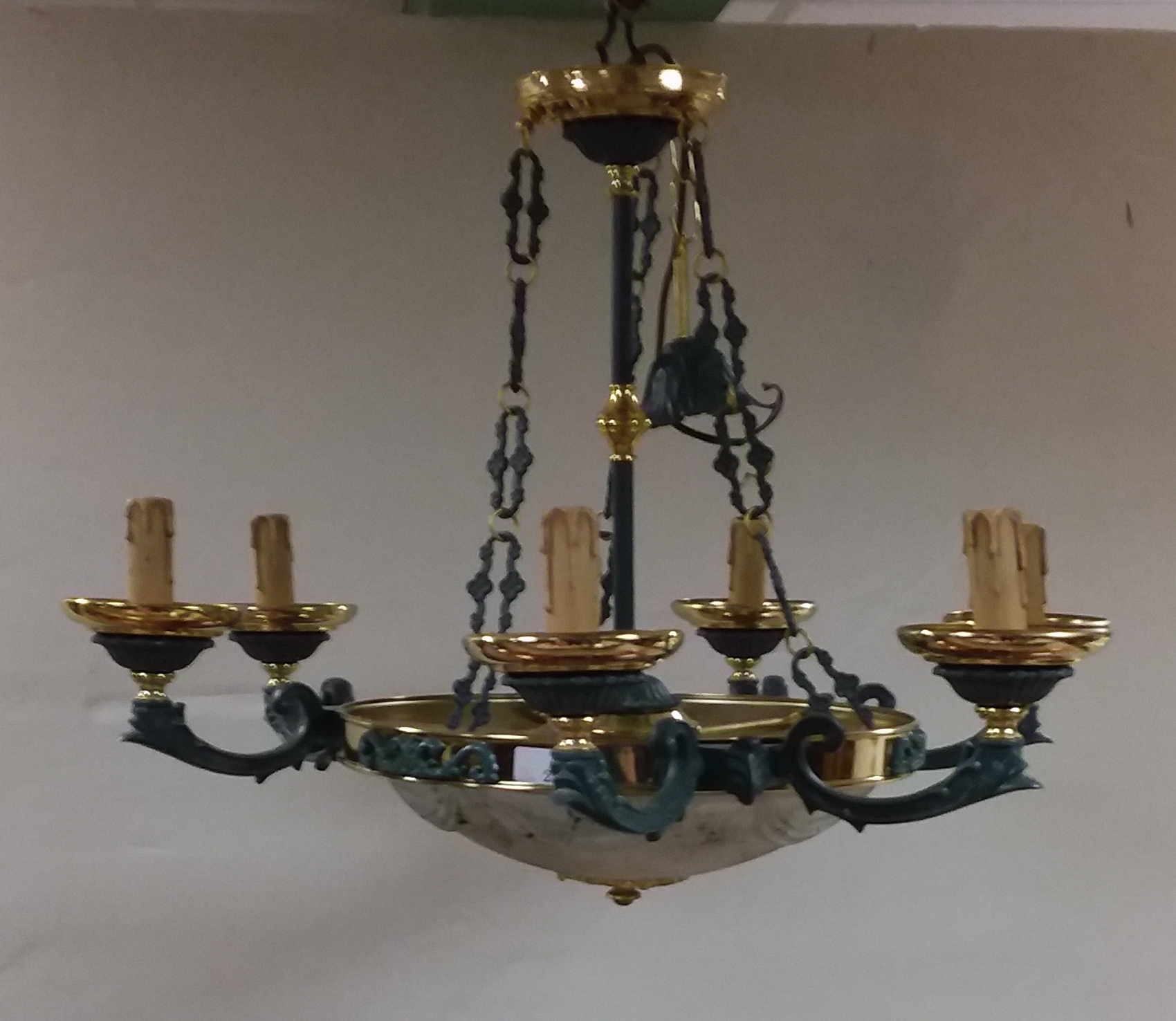 Most Unusual 6 Arm Brass & Cast Chandelier