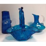 2 Unusual Blue Jugs plus Basket