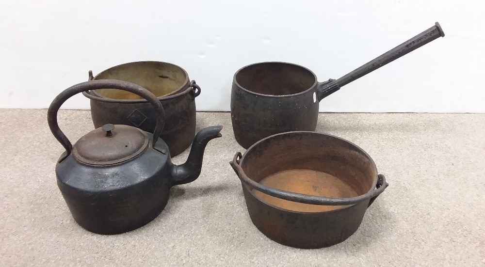 Cast Iron Kettle & 3 Pots