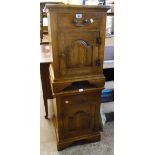 A pair of solid polished oak bedside cabinets each with single drawer, fielded panelled cupboard