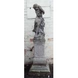 A 4' 11" precast statue of a Classical female stood on a fielded plinth, set on an 8" stepped base