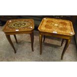 Two inland Italian Sorento style musical work tables, both with decorative lift-tops and slender