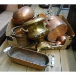 A box containing a quantity of copper and brass items, including a samovar, Jersey milk cans,