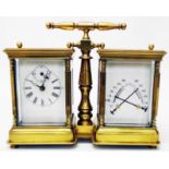 A brass and bevelled glass cased side-by-side desk timepiece and barometer/hygrometer, enamelled
