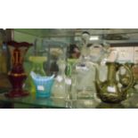 A collection of glassware, including Bohemian ruby flashed vase, decanter, vases, etc.