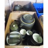 Two boxes containing a large collection of Denby Camelot pattern part tea and dinner service,