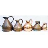 A set of five graduated copper haystack measures, including one five gallon measure - various