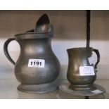 A 19th Century waisted pewter quart tankard, an Edwardian pewter half pint tankard, an S. Orford