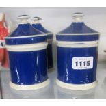 Four 5 1/2" Victorian blue and white lidded drug jars - some chips, overall used condition