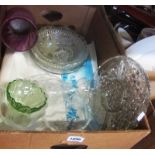 A box containing a quantity of glassware, including moulded bowls, dishes, vase, etc.