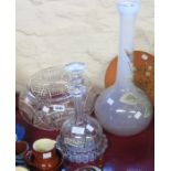 A cut glass bowl, decanter and ashtray - sold with a frosted glass bottle vase with applied