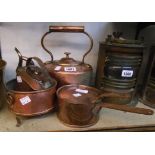 A copper kettle, a smaller kettle of squared design and a small lidded pan - sold with a small