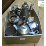 A box containing a James Dixon & Sons pewter coffee pot, water jug, Dixon milk jug, Alexander